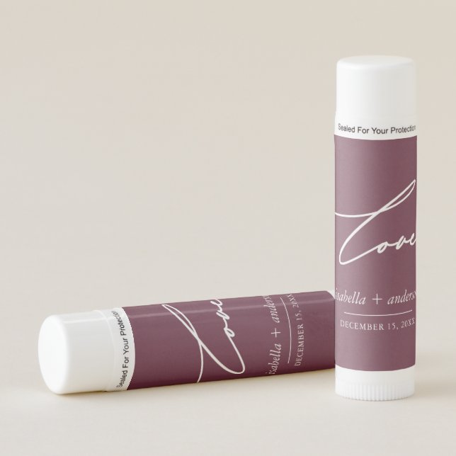 Chic Burgundy Love Script with Names Wedding Favor Lip Balm (Front)