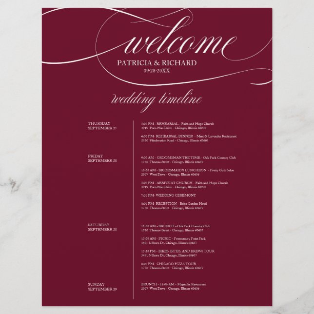 Chic Burgundy Marsala 4 Days Wedding Itinerary (Front)