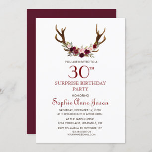 Chic Burgundy Marsala Floral Antlers 50th Birthday Invitation
