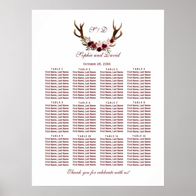 Chic Burgundy Marsala Floral Antlers Seating Chart (Front)
