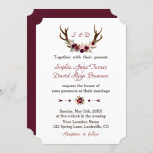 Chic Burgundy Marsala Floral Antlers Wedding Invitation