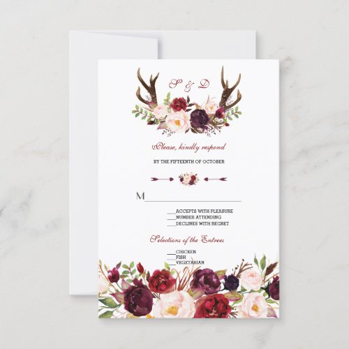 Chic Burgundy Marsala Floral Antlers Wedding RSVP