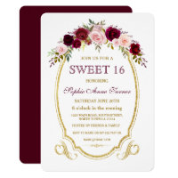 Chic Burgundy Marsala Floral Fall SWEET 16 Card