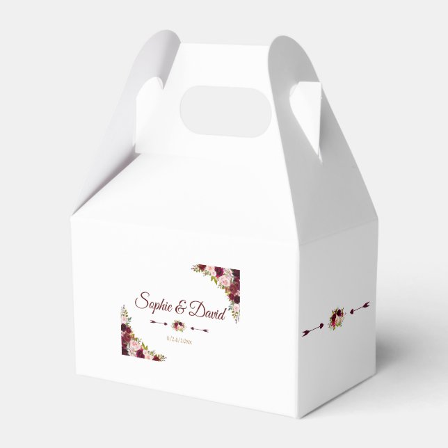 Chic Burgundy Marsala Floral Fall Wedding Favor Boxes (Front Side)
