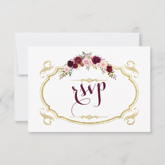 Chic Burgundy Marsala Floral Fall Wedding RSVP Card (Front)