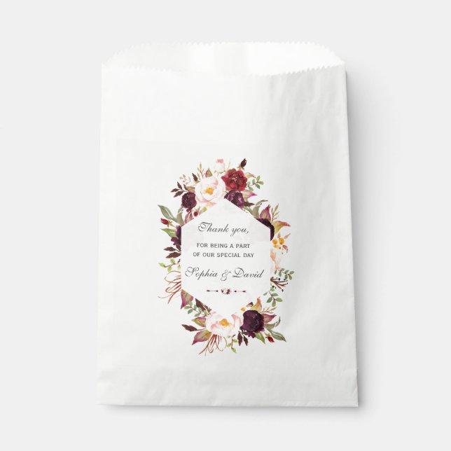 Chic Burgundy Marsala Floral Geometric Wedding Favor Bag (Front)