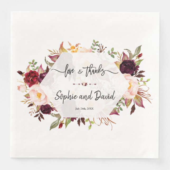 Chic Burgundy Marsala Floral Geometric Wedding Paper Dinner Napkins (Front)