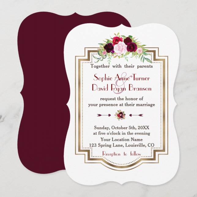 Chic Burgundy Marsala Floral Gold Fall Wedding Invitation (Front/Back)