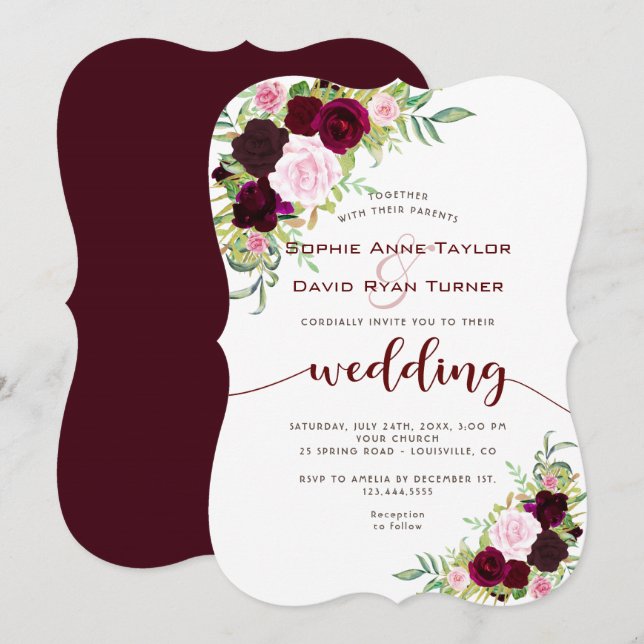 Chic Burgundy Marsala Floral Gold Wedding Invitation (Front/Back)