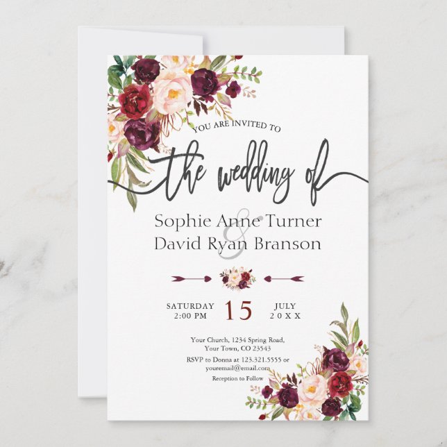 Chic Burgundy Marsala Floral Handwriting Wedding Invitation (Front)