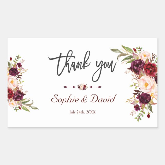 Chic Burgundy Marsala Floral Handwriting Wedding Rectangular Sticker (Front)