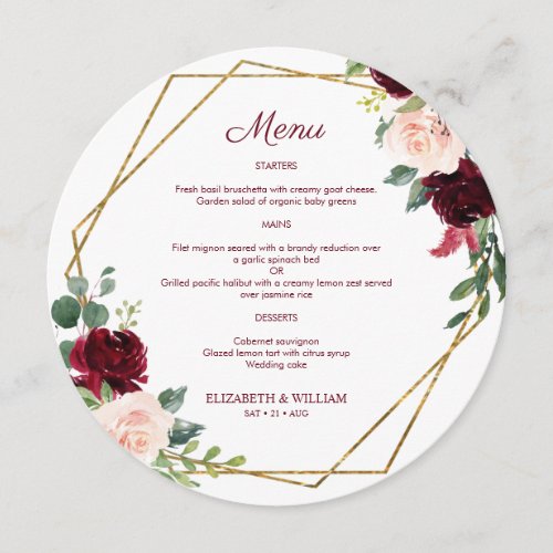 Chic Burgundy Marsala Floral Round Menu For Plate