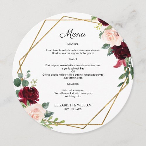Chic Burgundy Marsala Floral Round Menu For Plate