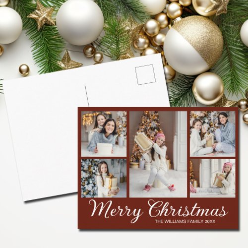 Chic Burgundy Merry Christmas Photo Collage Holiday Postcard