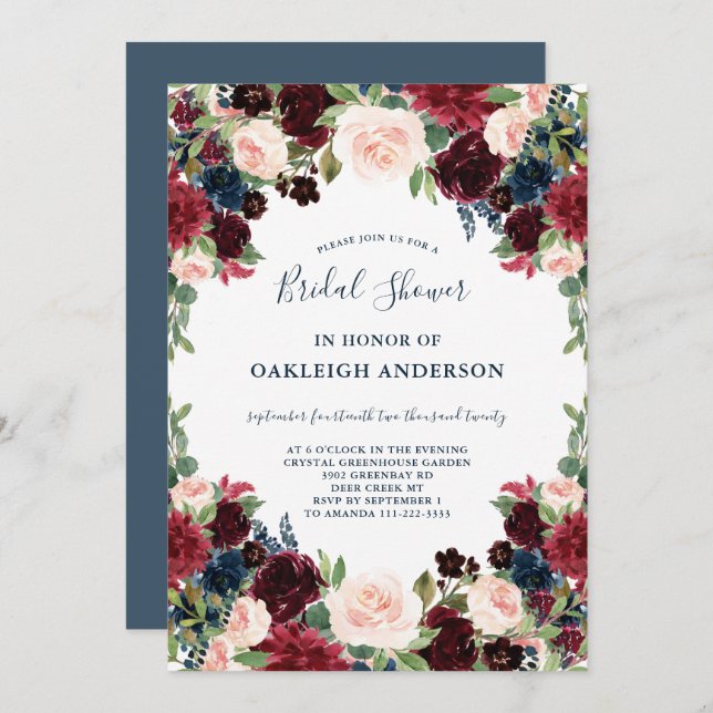 Chic Burgundy, Navy and Pink Floral Bridal Shower Invitation (Front/Back)