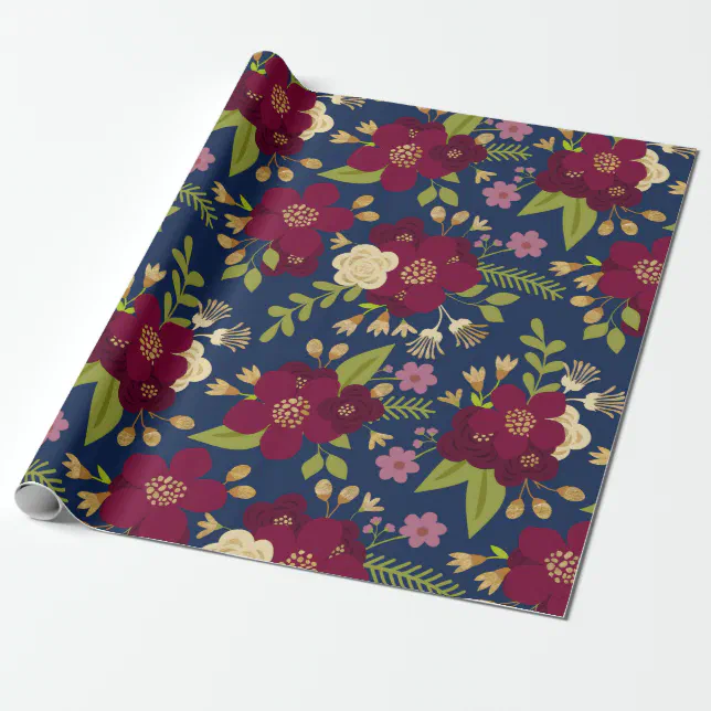 Chic Burgundy, Navy Blue and Gold Wedding Floral Wrapping Paper | Zazzle