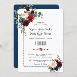Chic Burgundy Navy Blue Floral Frame Wedding Invitation