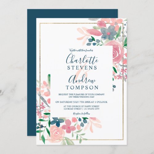 Chic burgundy navy blue floral watercolor wedding invitation