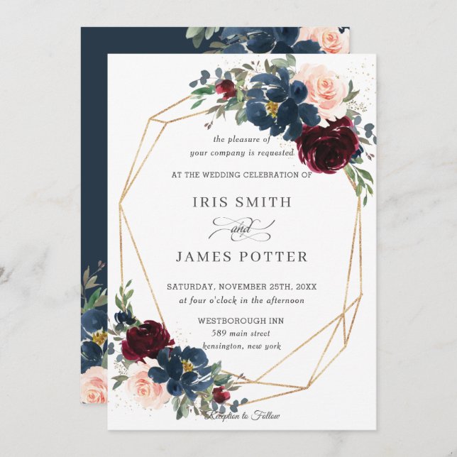 Chic Burgundy Navy Blush Floral Wedding Geometric Invitation (Front/Back)