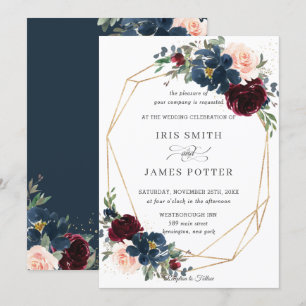 Chic Burgundy Navy Blush Floral Wedding Geometric Invitation