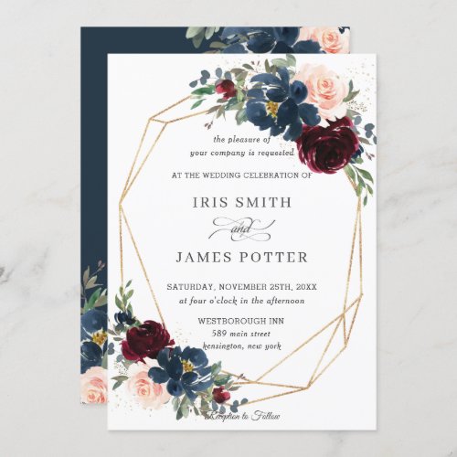 Chic Burgundy Navy Blush Floral Wedding Geometric Invitation