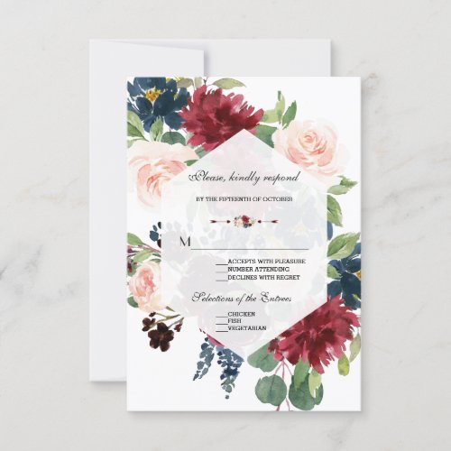 Chic Burgundy Navy Floral Frame Wedding RSVP