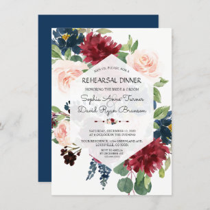 Chic Burgundy Navy Floral Hexagon Rehearsal Dinner Invitation