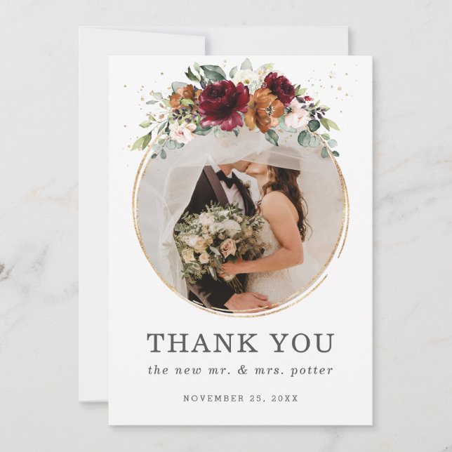 Chic Burgundy Orange Floral Wedding Photo Wedding Thank You Card (Front)