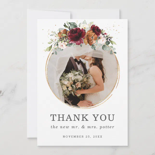 Chic Burgundy Orange Floral Wedding Photo Wedding Thank You Card | Zazzle