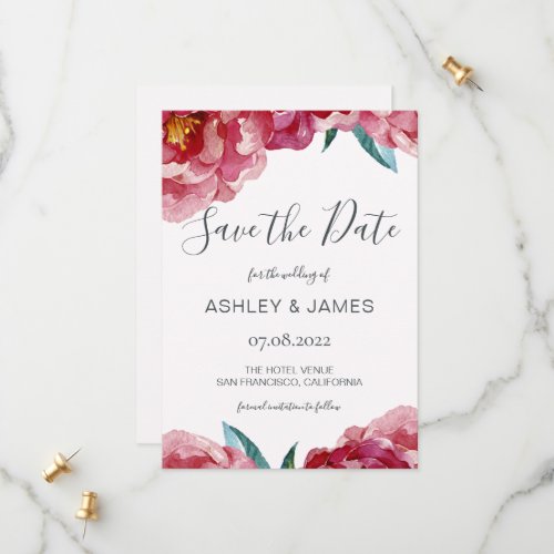 Chic Burgundy Peony Calligraphy Save the Date