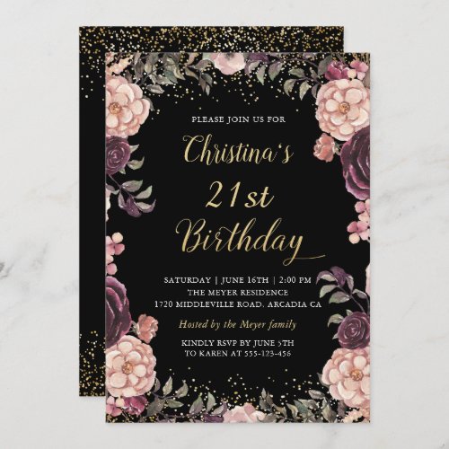 Chic Burgundy Pink Floral Black Birthday Party Invitation