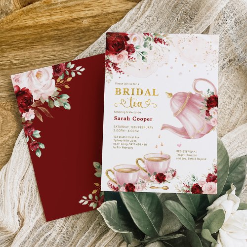 Chic Burgundy Pink Floral Bridal Shower Tea Party Invitation
