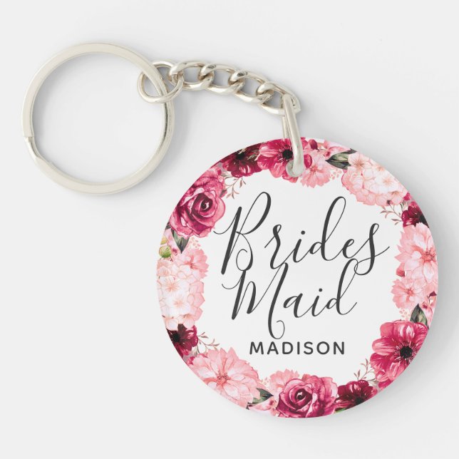 Chic Burgundy & Pink Floral Wreath Bridesmaid Keychain (Front)