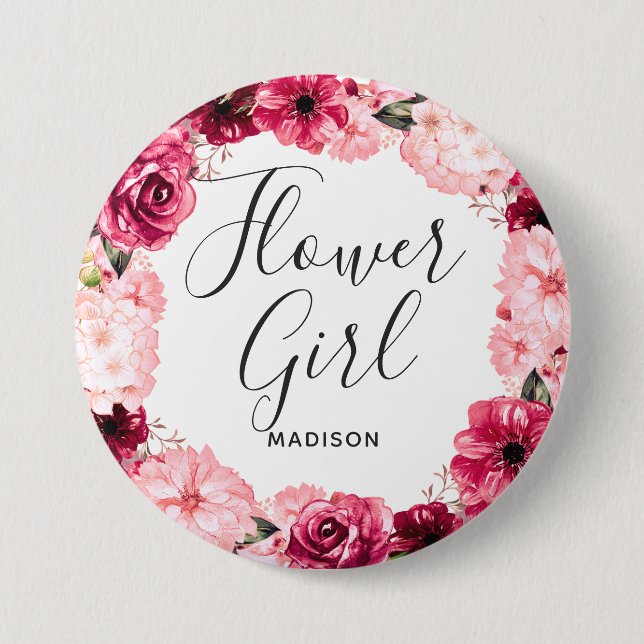 Chic Burgundy & Pink Floral Wreath Flower Girl Button (Front)