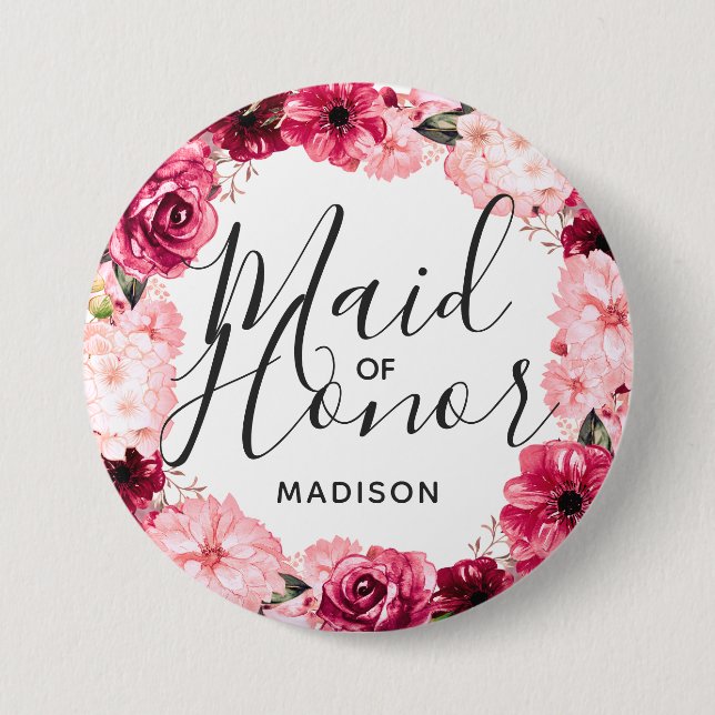 Chic Burgundy & Pink Floral Wreath Maid of Honor Button (Front)