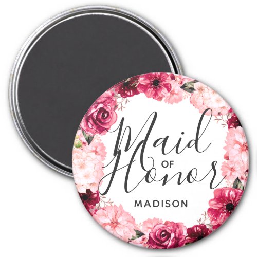 Chic Burgundy  Pink Floral Wreath Maid of Honor Magnet