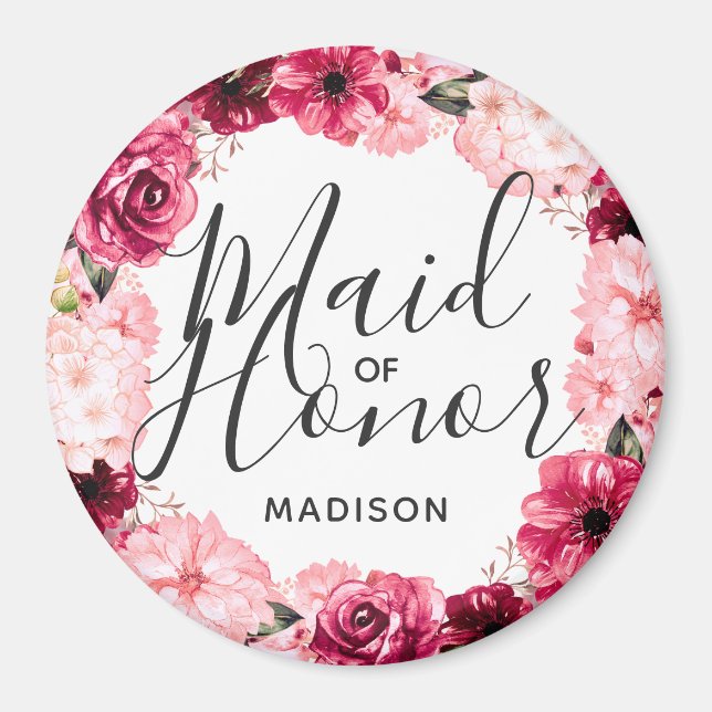Chic Burgundy & Pink Floral Wreath Maid of Honor Magnet (Front)