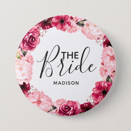 Chic Burgundy  Pink Floral Wreath the Bride Button