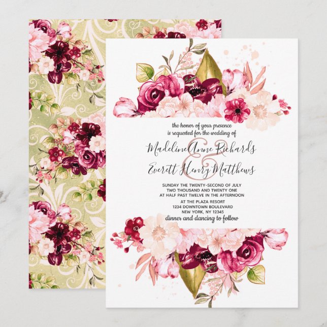 Chic Burgundy & Pink Flowers Wedding Invitations (Front/Back)