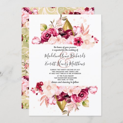 Chic Burgundy  Pink Flowers Wedding Invitations