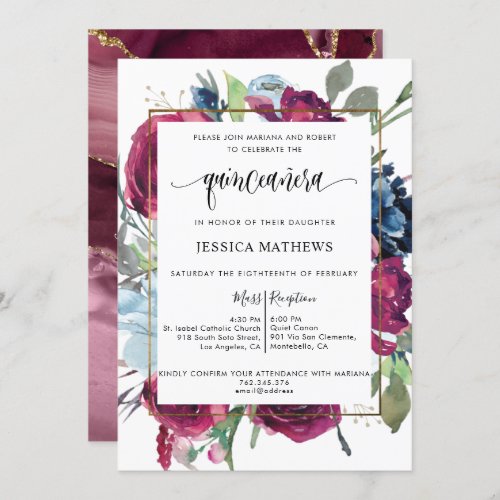 Chic Burgundy Red Berry Blue Floral  Quinceaera Invitation