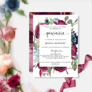 Chic Burgundy Red, Berry Blue Floral  Quinceañera Invitation