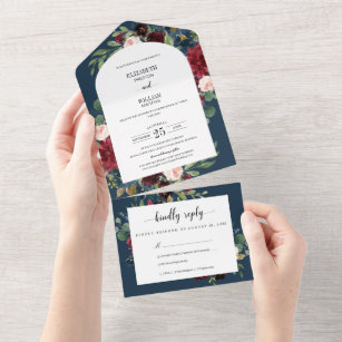 Chic Burgundy Red Blue Floral Arch Frame Wedding All In One Invitation