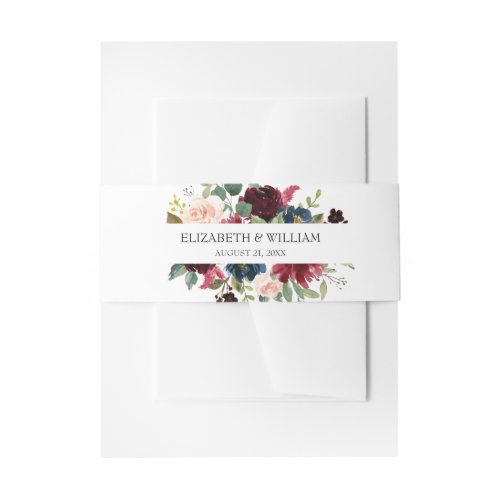 Chic Burgundy Red Blush Pink Blue Floral Wedding Invitation Belly Band