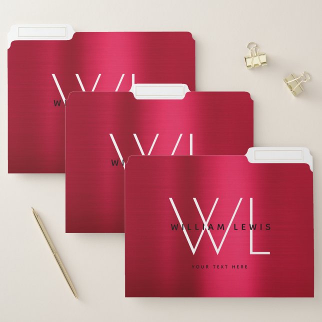 Chic Burgundy Red Brushed Metal Modern Monogram File Folder (Set)