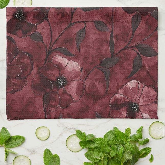 Chic Burgundy Red Floral Bridal Shower Kitchen Towel (Folded)