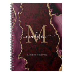 Chic Burgundy Red Gold Agate Geode Monogram Script Notebook