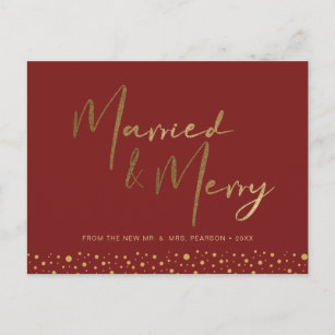 Chic Burgundy Red Gold Married and Merry Photo Holiday Postcard