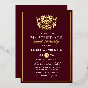Chic Burgundy Red & Gold Masquerade Sweet 16 Party Foil Invitation