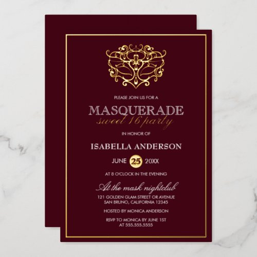 Chic Burgundy Red  Gold Masquerade Sweet 16 Party Foil Invitation